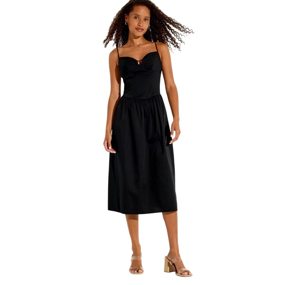 Wild Fable Women's Black Keyhole Poplin Smocked Back Midi Dress Size Small